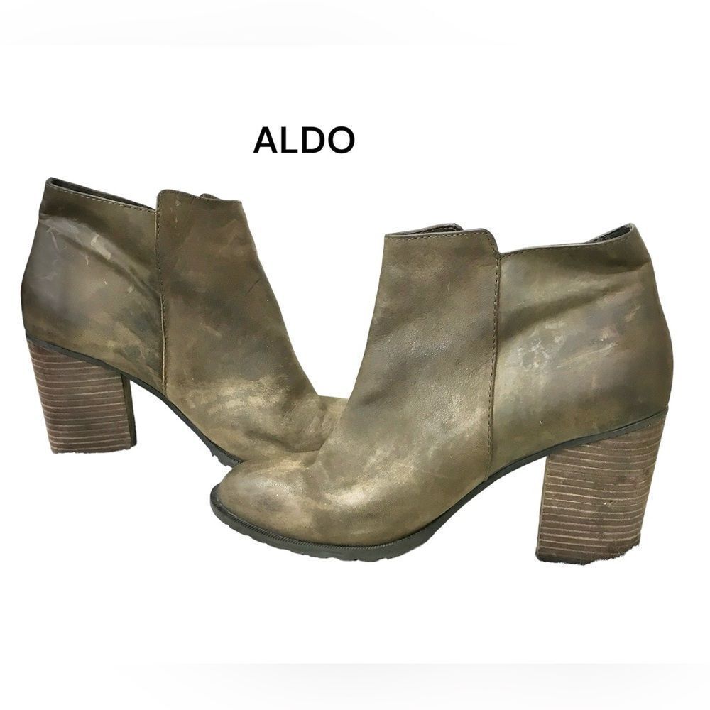 ALDO Olive Brown Leather Blocked Heel Zippered Western Ankle Boots Booties 10